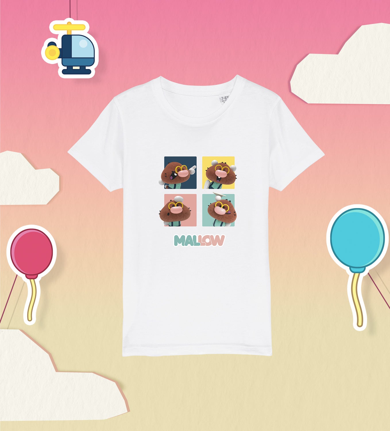 MALLOW poses in a cotton T-shirt for children