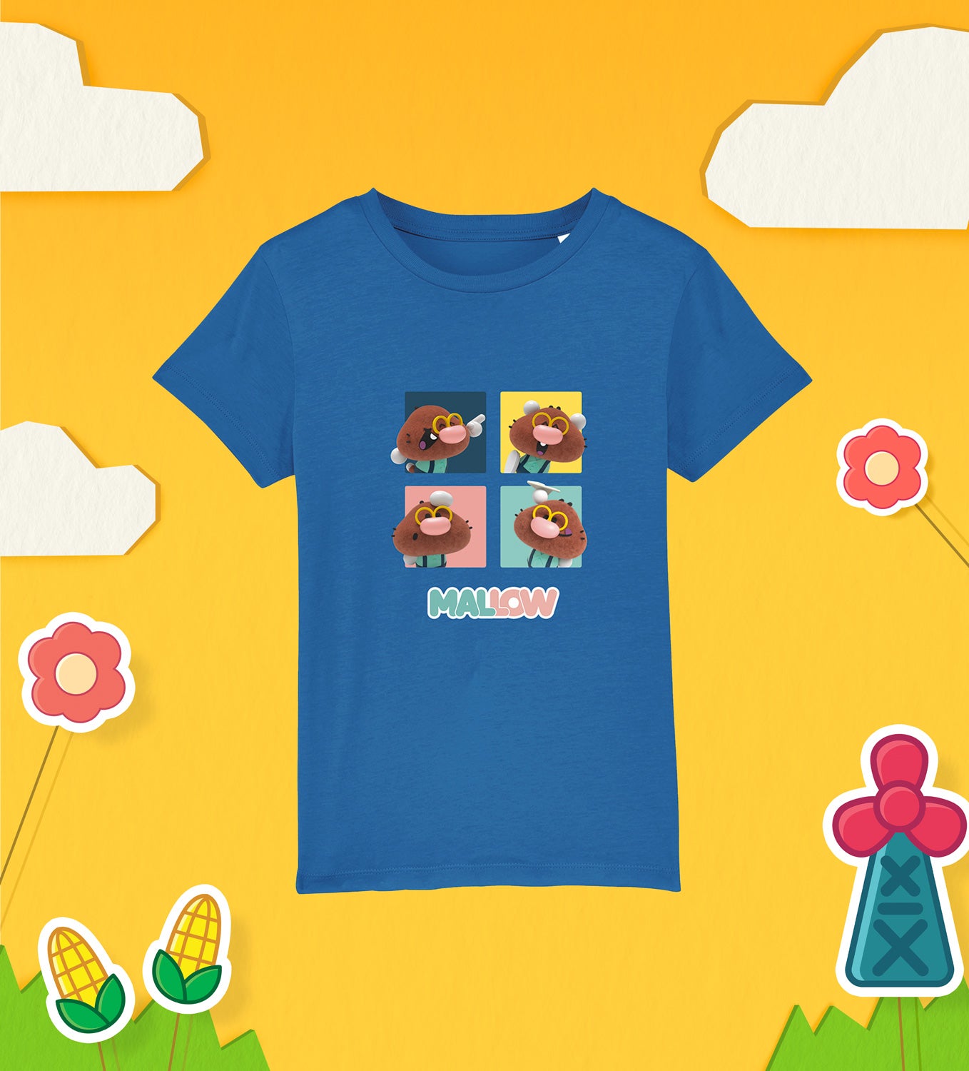 MALLOW poses in a cotton T-shirt for children