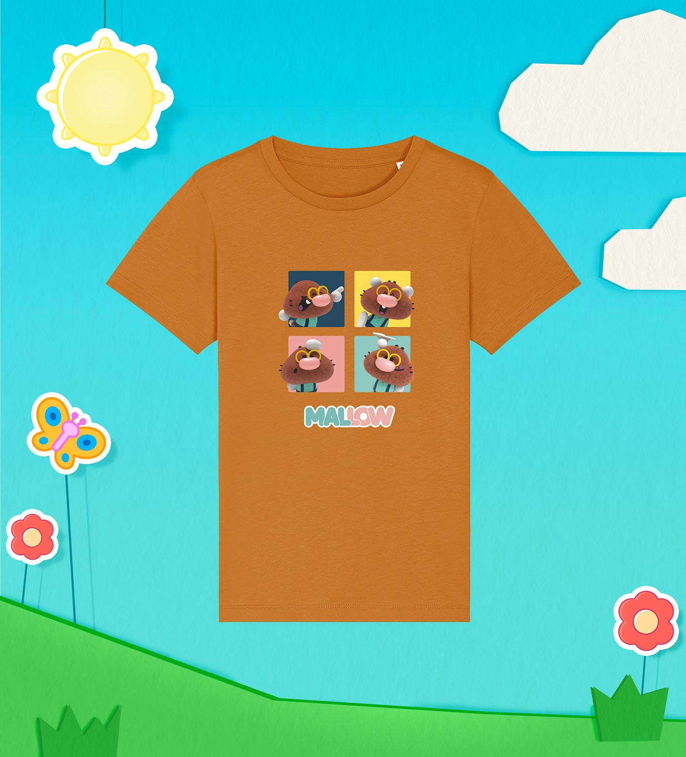 MALLOW poses in a cotton T-shirt for children